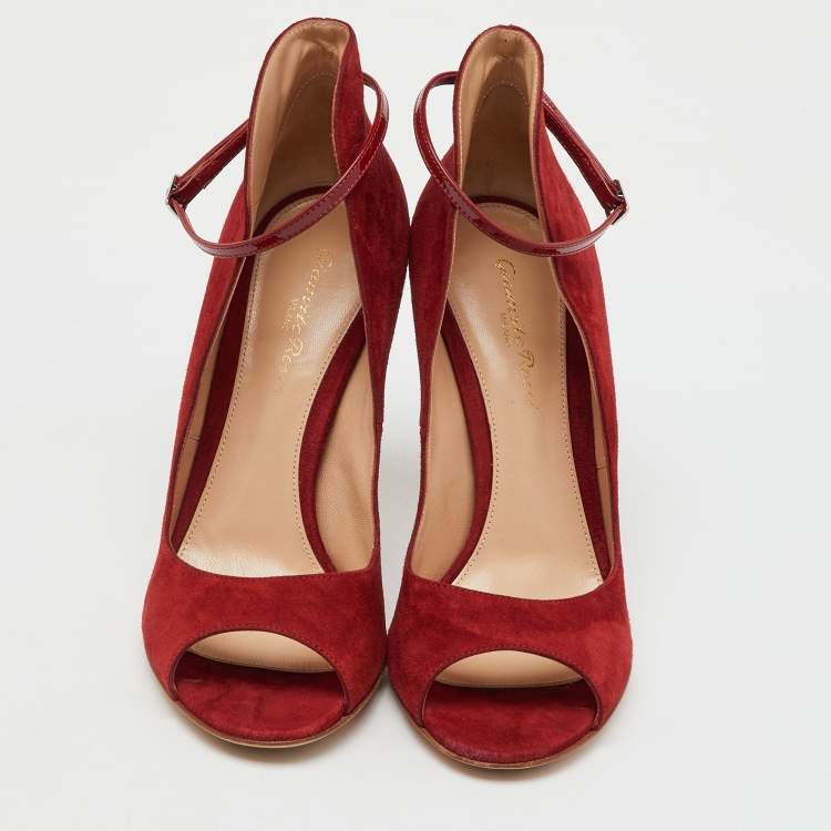 Pre Owned Gianvito Rossi Red Suede Open Toe Ankle Strap Pumps Size 38