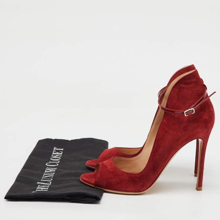 Pre Owned Gianvito Rossi Red Suede Open Toe Ankle Strap Pumps Size 38