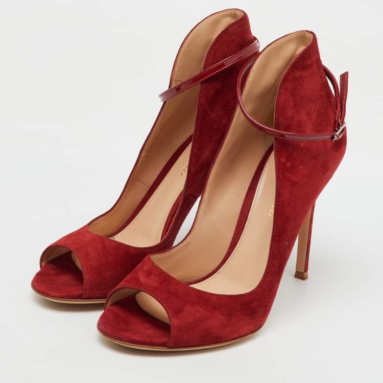 Pre Owned Gianvito Rossi Red Suede Open Toe Ankle Strap Pumps Size 38