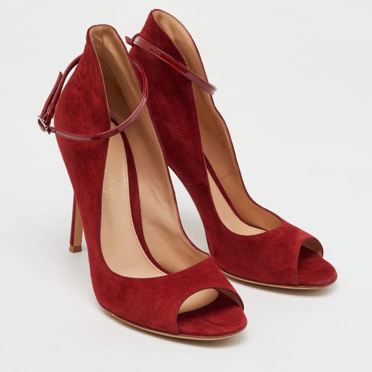 Pre Owned Gianvito Rossi Red Suede Open Toe Ankle Strap Pumps Size 38
