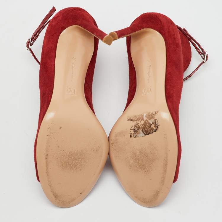 Pre Owned Gianvito Rossi Red Suede Open Toe Ankle Strap Pumps Size 38