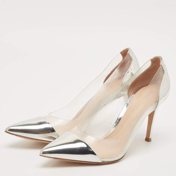 Pre Owned Gianvito Rossi Silver Patent Leather and PVC Plexi Pumps Size 38