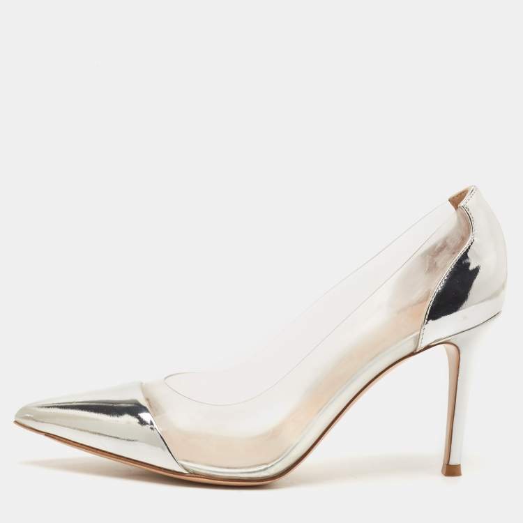 Pre Owned Gianvito Rossi Silver Patent Leather and PVC Plexi Pumps Size 38