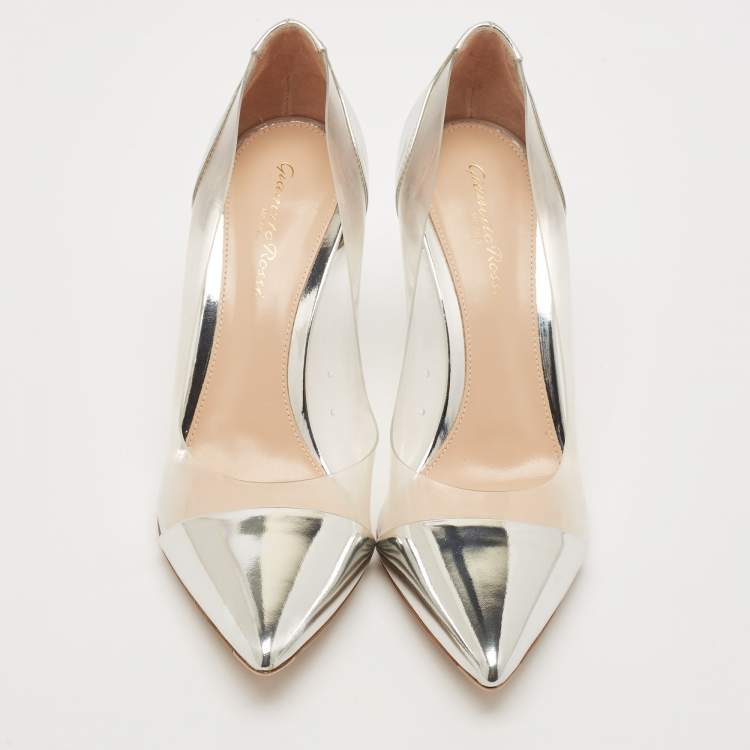 Pre Owned Gianvito Rossi Silver Patent Leather and PVC Plexi Pumps Size 38