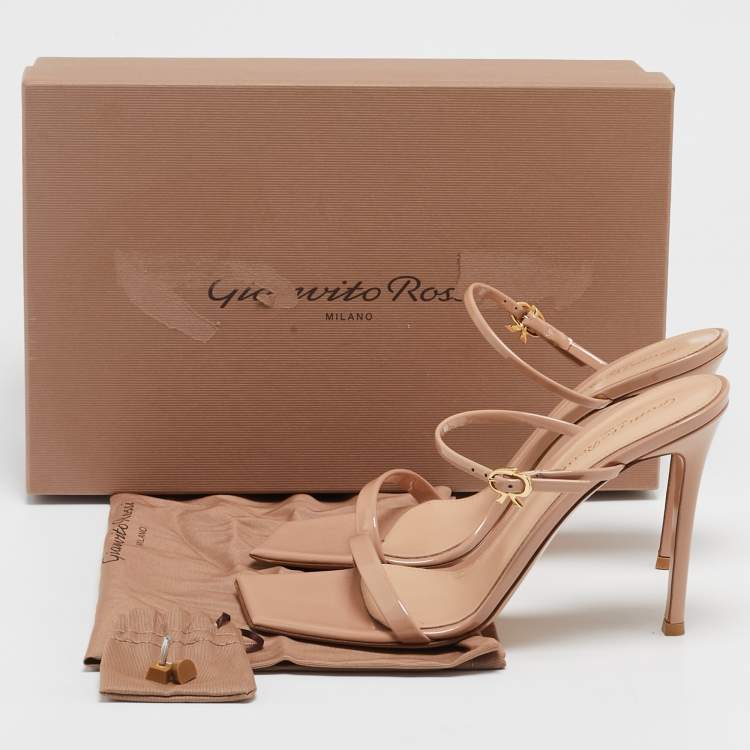 Pre Owned Gianvito Rossi Beige Patent Leather Ribbon Ankle Strap Sandals Size 39