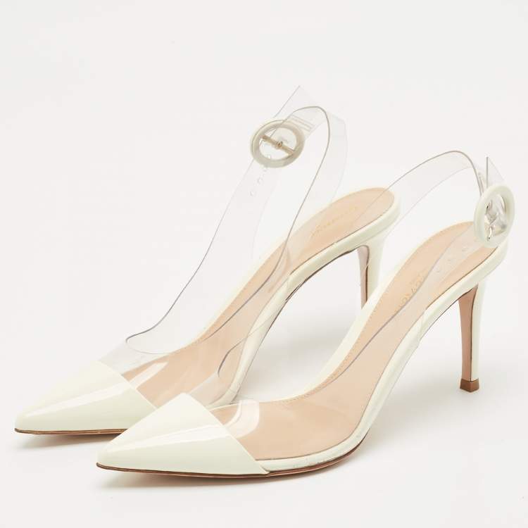 Pre Owned Gianvito Rossi White Patent Leather and PVC Slingback Pumps Size 36.5