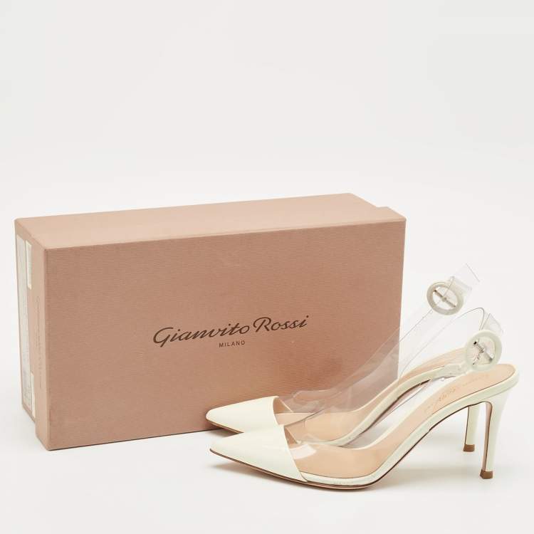 Pre Owned Gianvito Rossi White Patent Leather and PVC Slingback Pumps Size 36.5