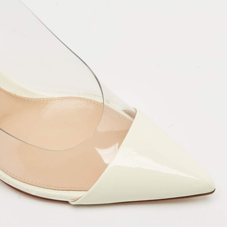 Pre Owned Gianvito Rossi White Patent Leather and PVC Slingback Pumps Size 36.5