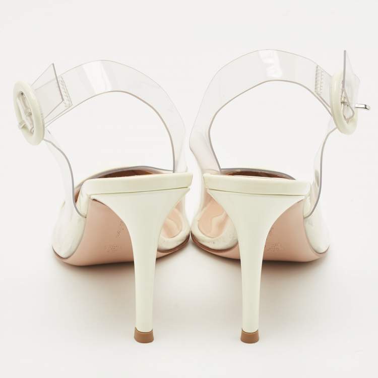 Pre Owned Gianvito Rossi White Patent Leather and PVC Slingback Pumps Size 36.5