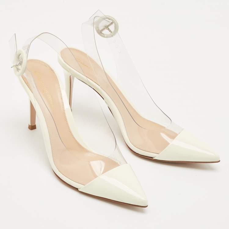 Pre Owned Gianvito Rossi White Patent Leather and PVC Slingback Pumps Size 36.5