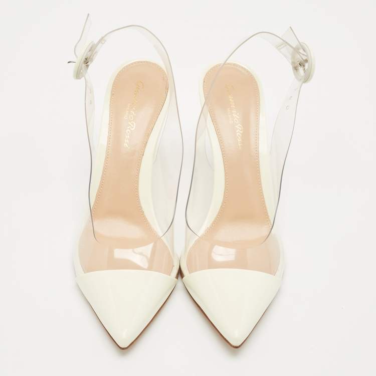 Pre Owned Gianvito Rossi White Patent Leather and PVC Slingback Pumps Size 36.5