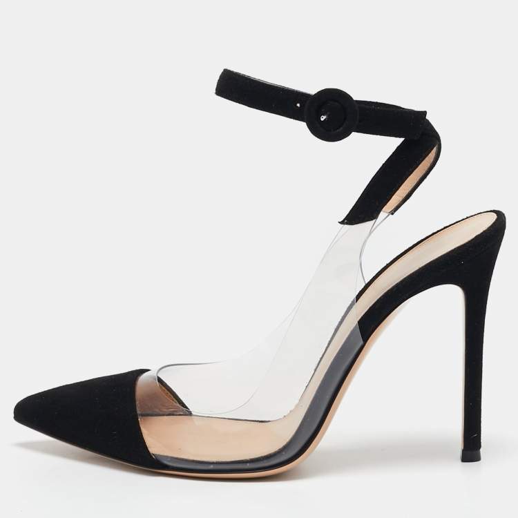Pre Owned Gianvito Rossi Black Suede and PVC Anise Ankle Strap Pumps Size 38