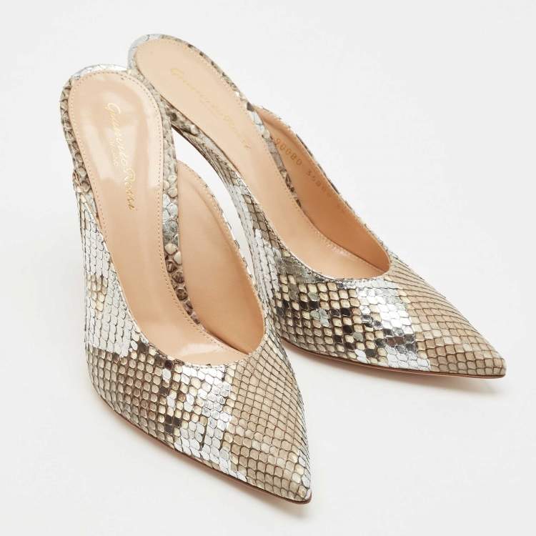 Pre Owned Gianvito Rossi Silver/Beige Python Heel Mules Size 39