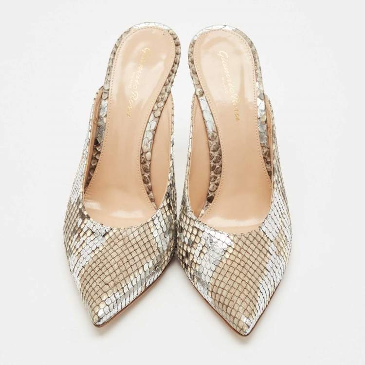 Pre Owned Gianvito Rossi Silver/Beige Python Heel Mules Size 39