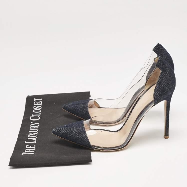 Pre Owned Gianvito Rossi Navy Blue Denim and PVC Plexi Pointed Toe Pumps Size 39