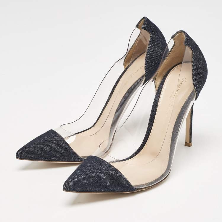 Pre Owned Gianvito Rossi Navy Blue Denim and PVC Plexi Pointed Toe Pumps Size 39