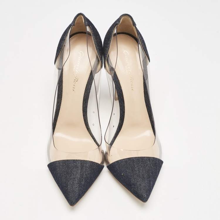 Pre Owned Gianvito Rossi Navy Blue Denim and PVC Plexi Pointed Toe Pumps Size 39