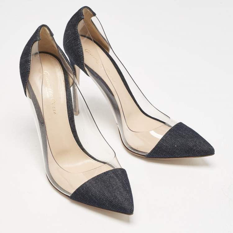 Pre Owned Gianvito Rossi Navy Blue Denim and PVC Plexi Pointed Toe Pumps Size 39