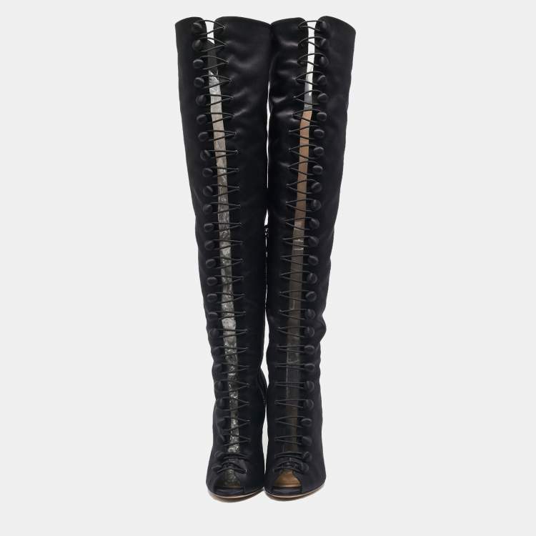 Pre Owned Gianvito Rossi Black Satin Button Knee Length Boots Size 37