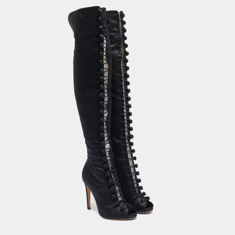 Pre Owned Gianvito Rossi Black Satin Button Knee Length Boots Size 37