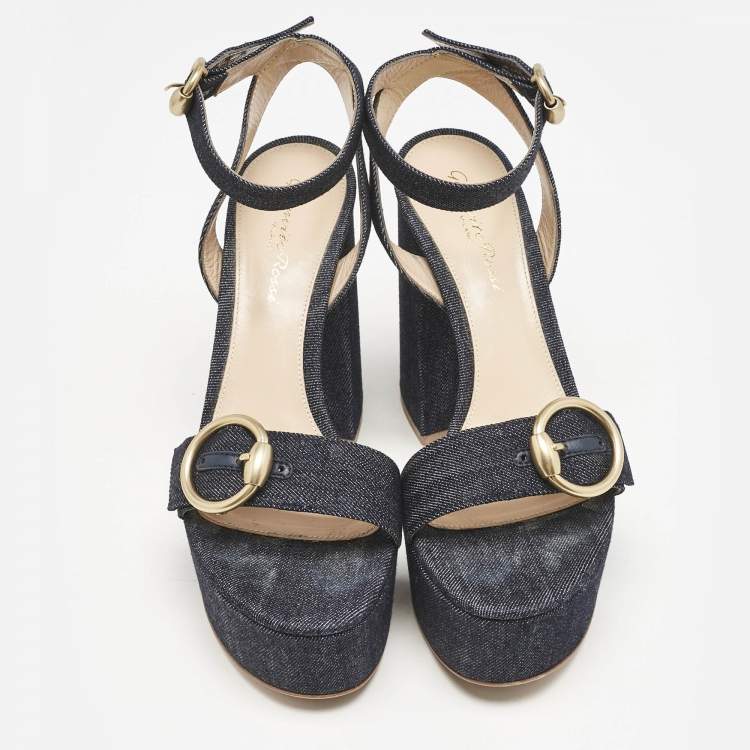 Pre Owned Gianvito Rossi Navy Blue Denim Zandra Platform Sandals Size 37