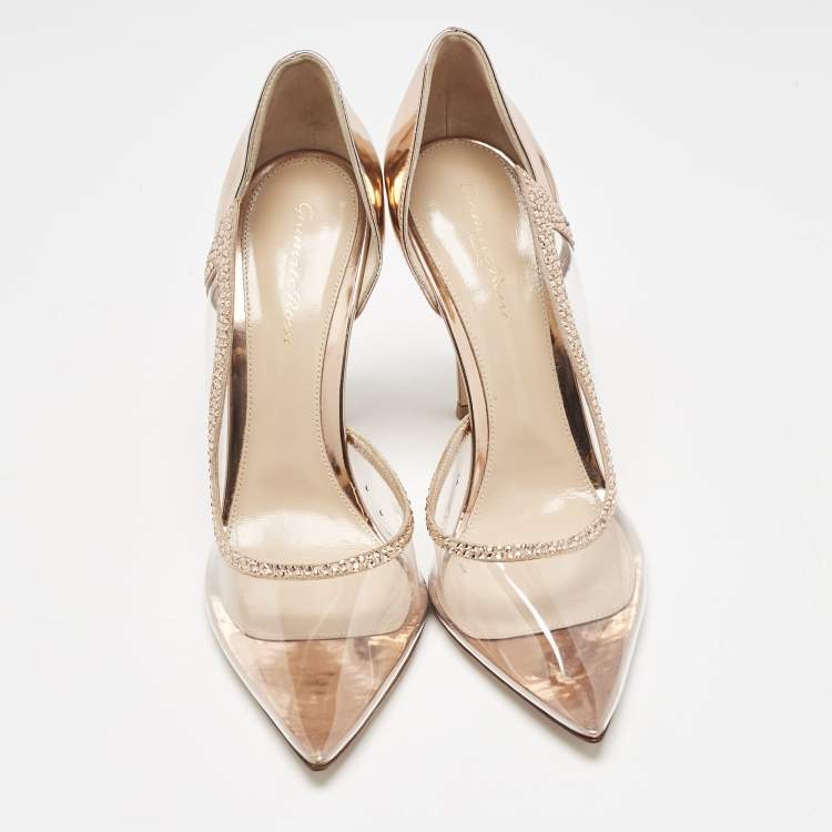 Pre Owned Gianvito Rossi Rose Gold Leather and PVC Leif D'orsay Pumps Size 40