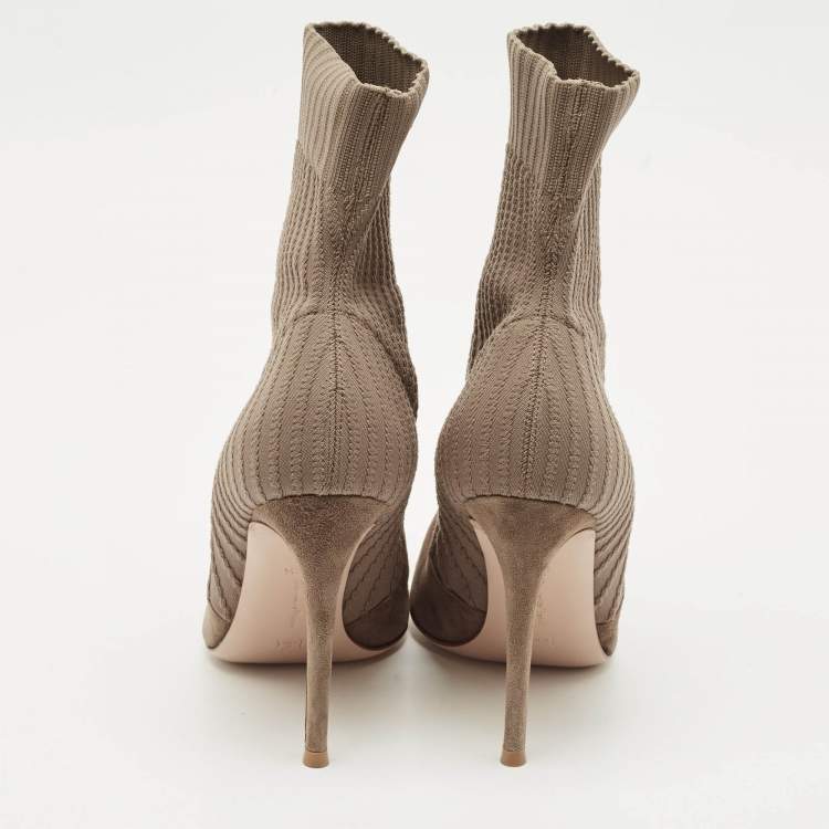 Pre Owned Gianvito Rossi Brown Fabric and Suede Ankle Length Boots Size 38.5