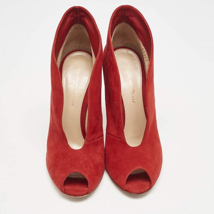 Pre Owned Gianvito Rossi Red Suede Vamp Booties Size 37