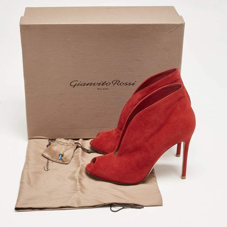 Pre Owned Gianvito Rossi Red Suede Vamp Booties Size 37