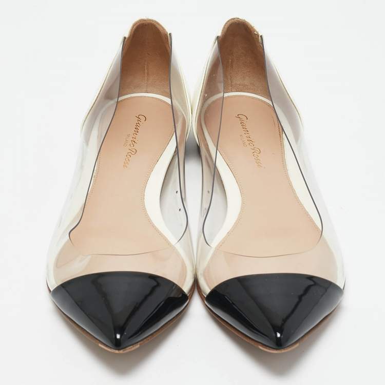 Pre Owned Gianvito Rossi White/Black Patent Leather and PVC Plexi Pointed Toe Ballet Flats Size 38.5