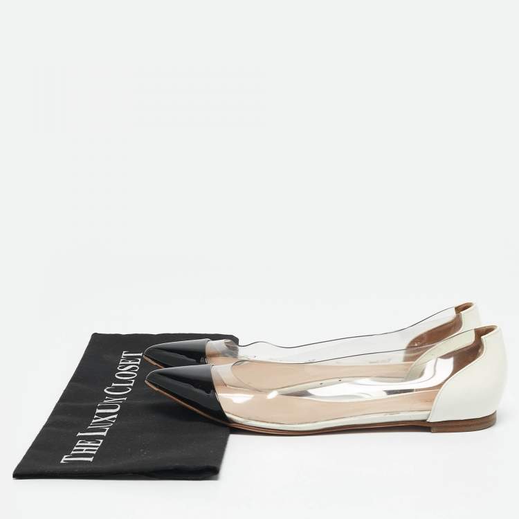 Pre Owned Gianvito Rossi White/Black Patent Leather and PVC Plexi Pointed Toe Ballet Flats Size 38.5