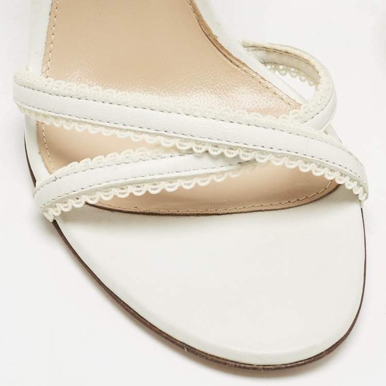Pre Owned Gianvito Rossi White Leather Scalloped Lace Trim Ankle Strap Sandals Size 35