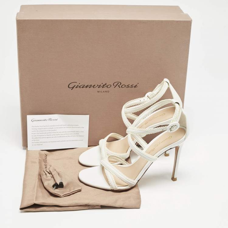 Pre Owned Gianvito Rossi White Leather Scalloped Lace Trim Ankle Strap Sandals Size 35