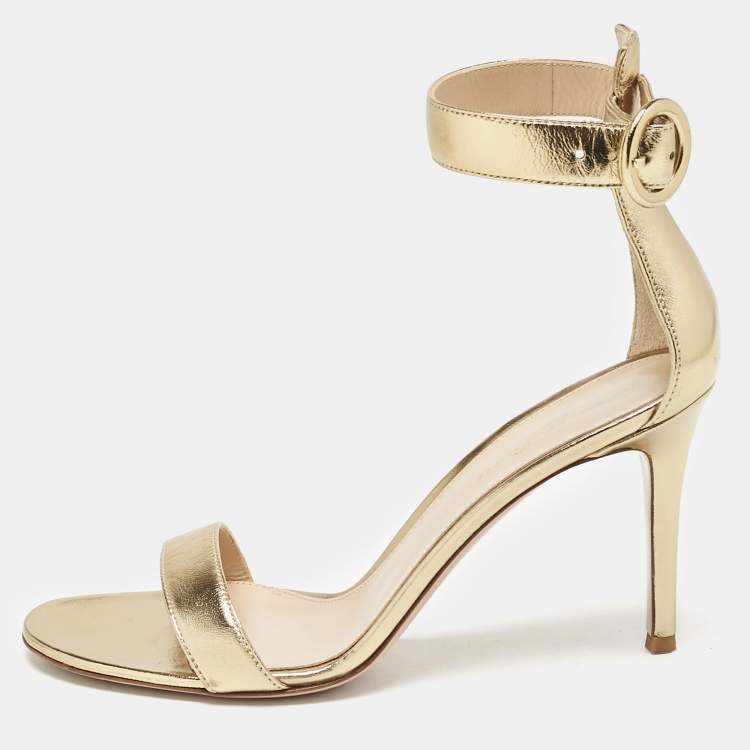 Pre Owned Gianvito Rossi Metallic Gold Leather Portofino Ankle Strap Sandals Size 39