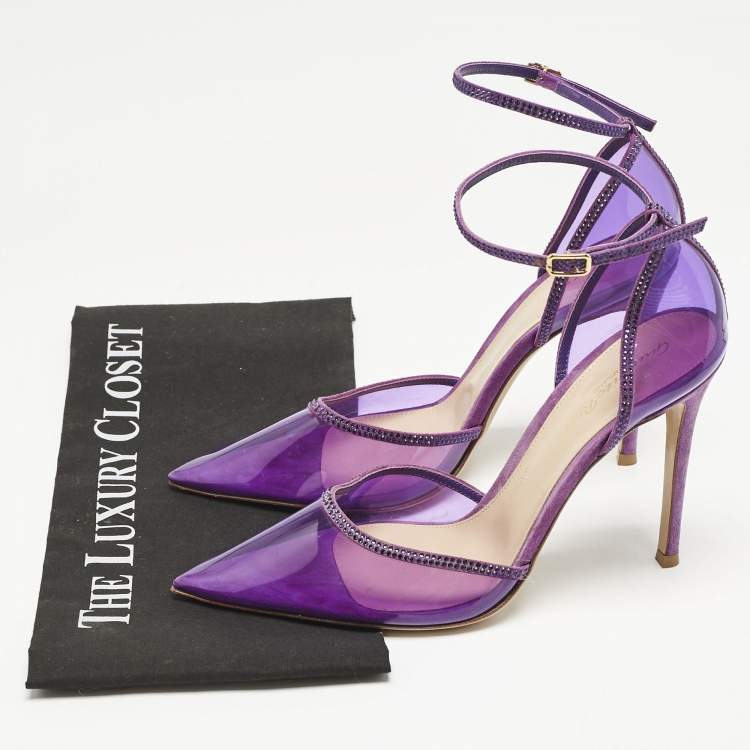 Pre Owned Gianvito Rossi Purple PVC and Crystal Embellished Suede Sabin Ankle Strap Pumps Size 39