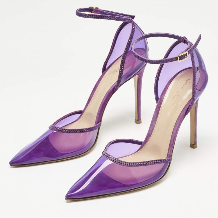 Pre Owned Gianvito Rossi Purple PVC and Crystal Embellished Suede Sabin Ankle Strap Pumps Size 39