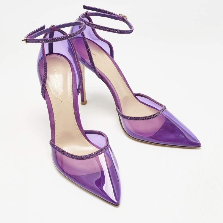 Pre Owned Gianvito Rossi Purple PVC and Crystal Embellished Suede Sabin Ankle Strap Pumps Size 39