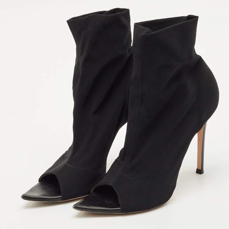 Pre Owned Gianvito Rossi Black Stretch Fabric Peep Toe Ankle Length Boots Size 36.5