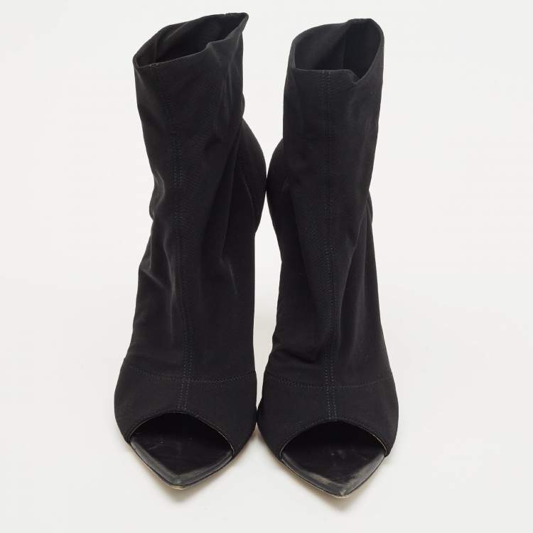 Pre Owned Gianvito Rossi Black Stretch Fabric Peep Toe Ankle Length Boots Size 36.5