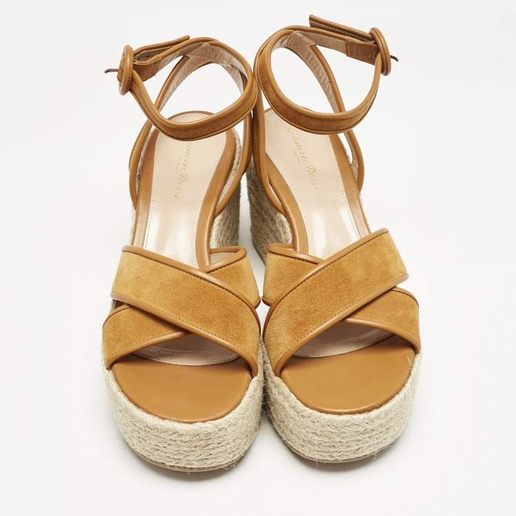Pre Owned Gianvito Rossi Mustard Leather and Suede Sienna Espadrille Sandals Size 39