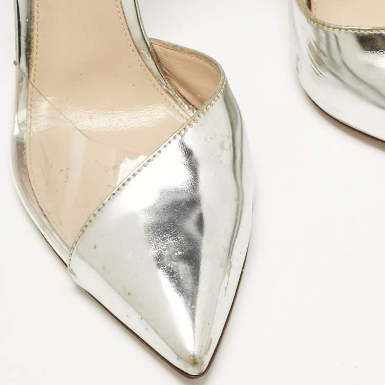 Pre Owned Gianvito Rossi Silver Leather and PVC Anise Pointed Toe Ankle Strap Pumps Size 38