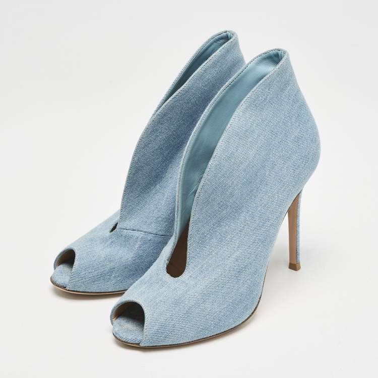 Pre Owned Gianvito Rossi Blue Denim Fabric Vamp Peep Toe Booties Size 38