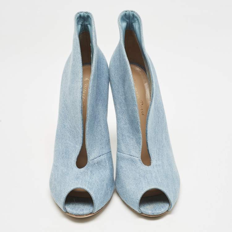 Pre Owned Gianvito Rossi Blue Denim Fabric Vamp Peep Toe Booties Size 38