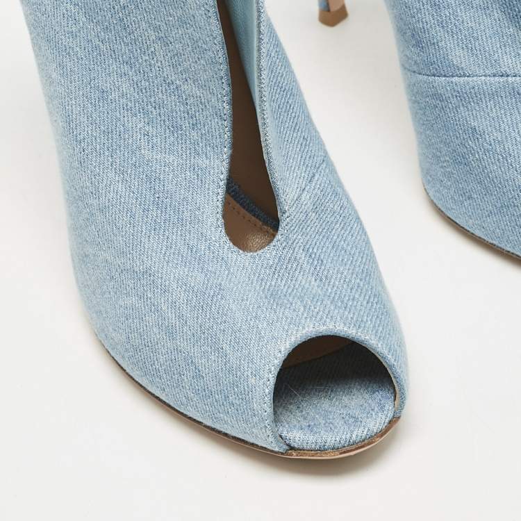 Pre Owned Gianvito Rossi Blue Denim Fabric Vamp Peep Toe Booties Size 38