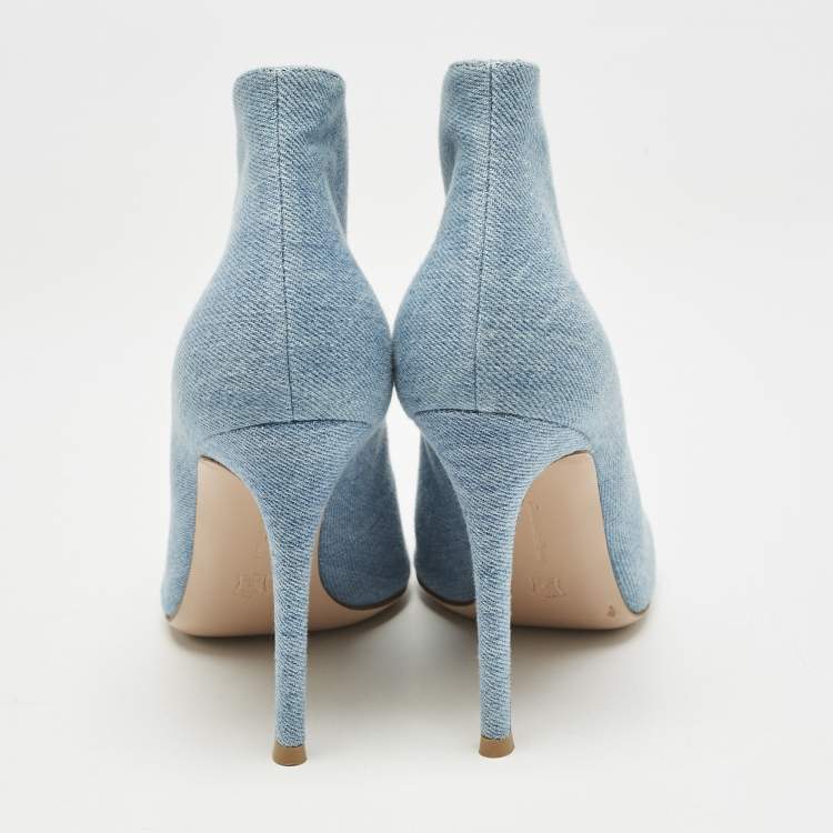 Pre Owned Gianvito Rossi Blue Denim Fabric Vamp Peep Toe Booties Size 38