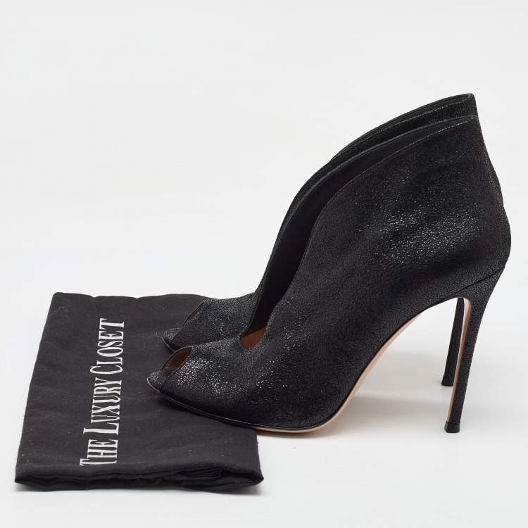 Pre Owned Gianvito Rossi Black Metallic Embossed Suede Vamp Peep Toe Booties Size 40