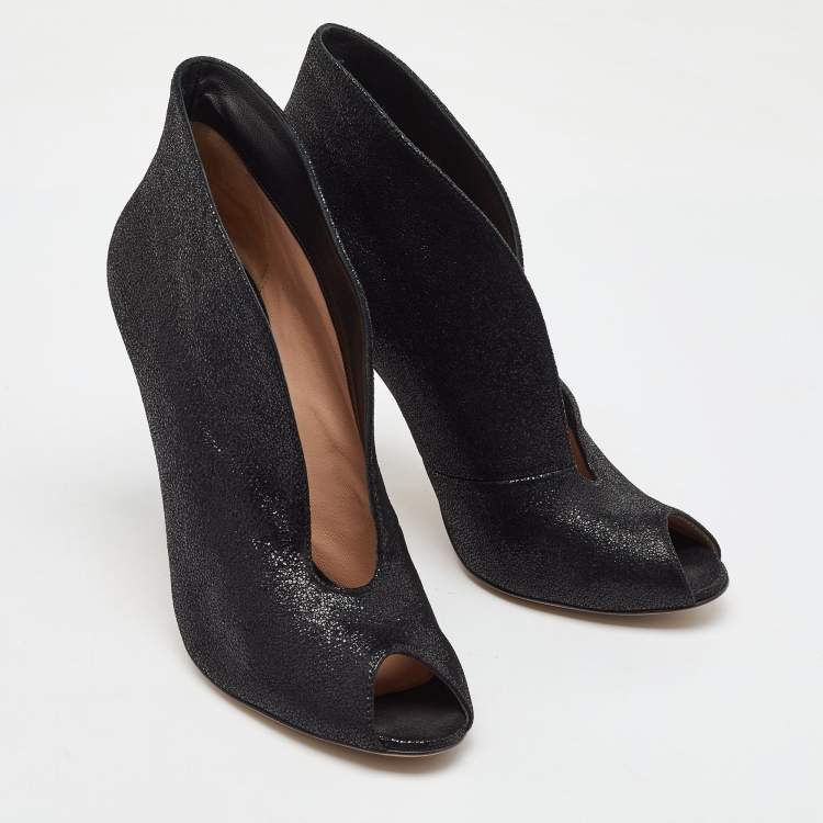 Pre Owned Gianvito Rossi Black Metallic Embossed Suede Vamp Peep Toe Booties Size 40
