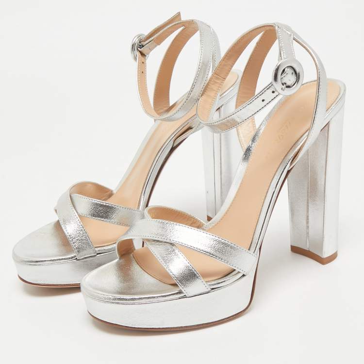 Pre Owned Gianvito Rossi Silver Leather Ankle Strap Sandals Size 38.5