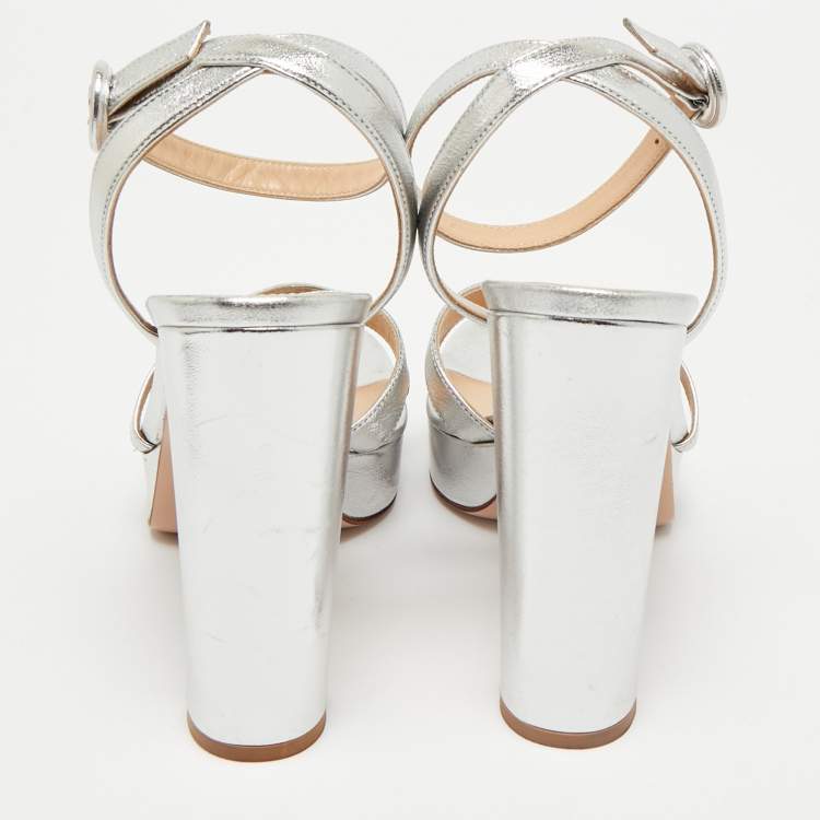 Pre Owned Gianvito Rossi Silver Leather Ankle Strap Sandals Size 38.5