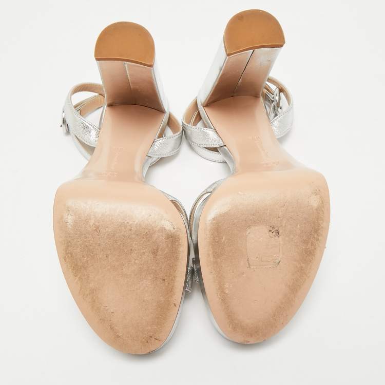 Pre Owned Gianvito Rossi Silver Leather Ankle Strap Sandals Size 38.5